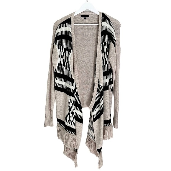 American Eagle Wool Blend Open Waterfall Fringe‎ Cardigan Aztec Tan Black Medium - Picture 1 of 10